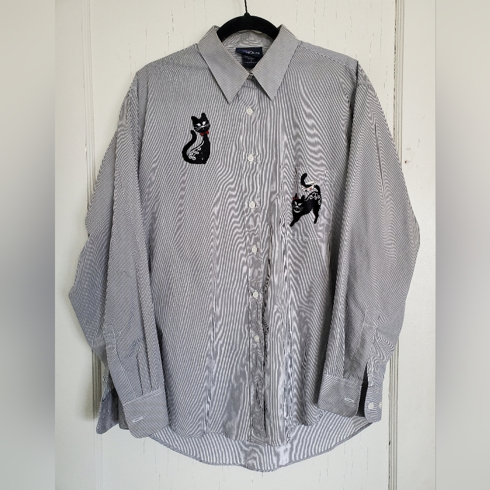 Cat Applique Black And White Long Sleeve Pinstripe Button Up Shirt
